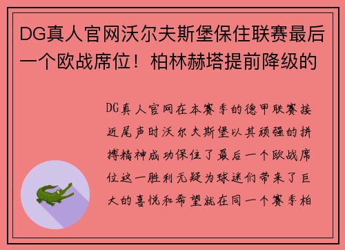 DG真人官网沃尔夫斯堡保住联赛最后一个欧战席位！柏林赫塔提前降级的悲喜交织 - 副本
