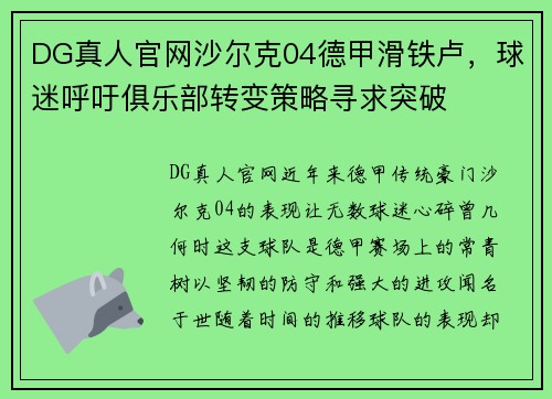 DG真人官网沙尔克04德甲滑铁卢，球迷呼吁俱乐部转变策略寻求突破