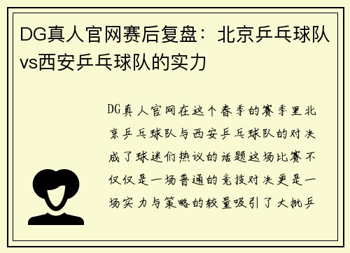 DG真人官网赛后复盘：北京乒乓球队vs西安乒乓球队的实力